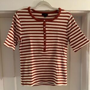 J.Crew Stripes Henley M Cotton T-shirt. Maroon/brick red and cream.